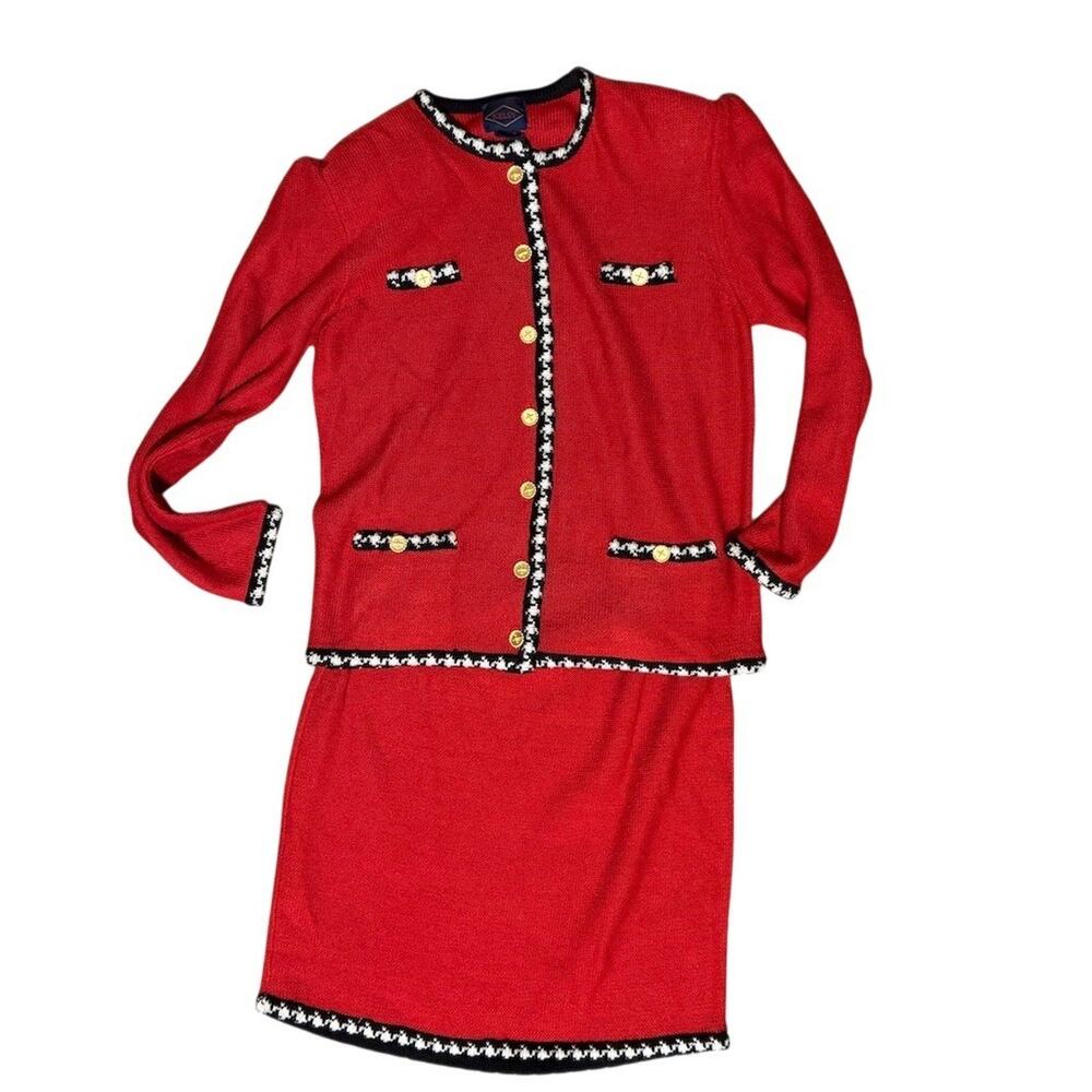 Vintage KELSY Skirt Suit Set Womens XL Red Collarless Jacket Pencil Skirt